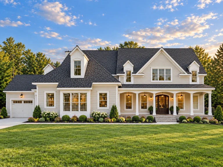 Craftsman House Plans 19 Front elevation of a New American modern traditional two-story home with white horizontal lap siding, stone-accent covered porch, multiple gables, and a centered entry.