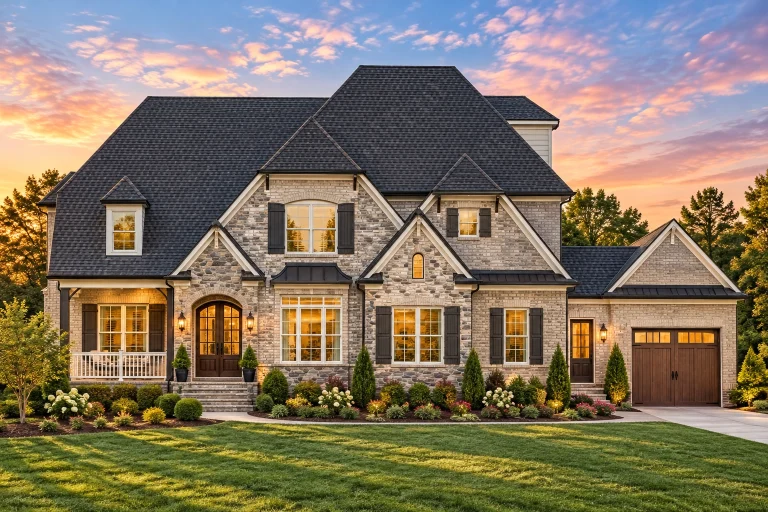 Front elevation of a New American style home with brick exterior, symmetrical gables, multi-pane windows, and attached garage