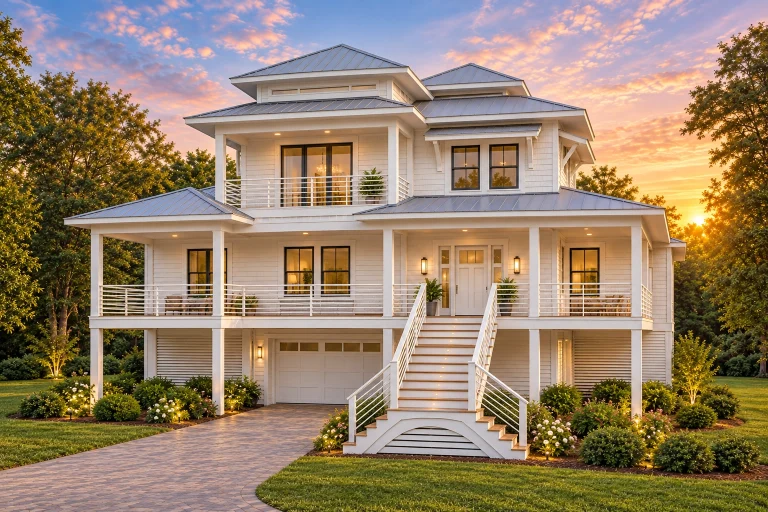 Contemporary House Plans 20 Front elevation of Coastal Low Country beach style home with elevated foundation, wraparound porches, and horizontal lap siding exterior