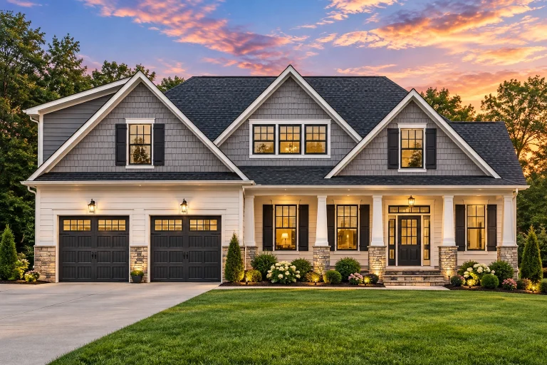 Craftsman House Plans 9 Front elevation of a New American style home featuring brick exterior, green shake siding, gabled rooflines, and a covered front porch