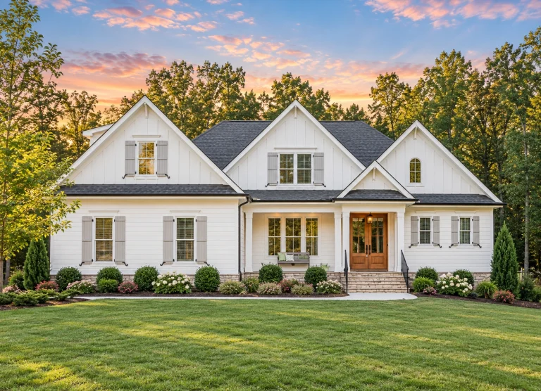 House Plans with Wraparound Porch 16 Front elevation of Modern Farmhouse with horizontal lap siding, gabled rooflines, shutters, and covered Southern-style porch