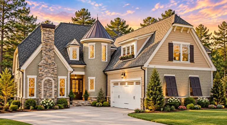 Large House Plans 11 Front view of a French Country Tudor Revival home featuring stone and horizontal siding, steep rooflines, and a turreted entry for timeless European charm