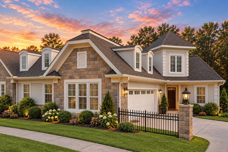 Front elevation of a New American Craftsman style home featuring stone veneer, board-and-batten siding, gabled rooflines, and a welcoming covered entry