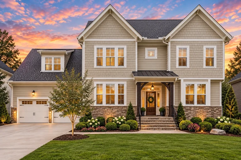 Front elevation of Neo-Colonial style two-story house with horizontal lap siding, brick wainscot, symmetrical windows, and covered entry porch