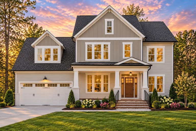 Contemporary House Plans 14 Front elevation of a New American Modern Traditional house featuring board and batten siding, horizontal lap siding, covered front porch, and classic gabled rooflines