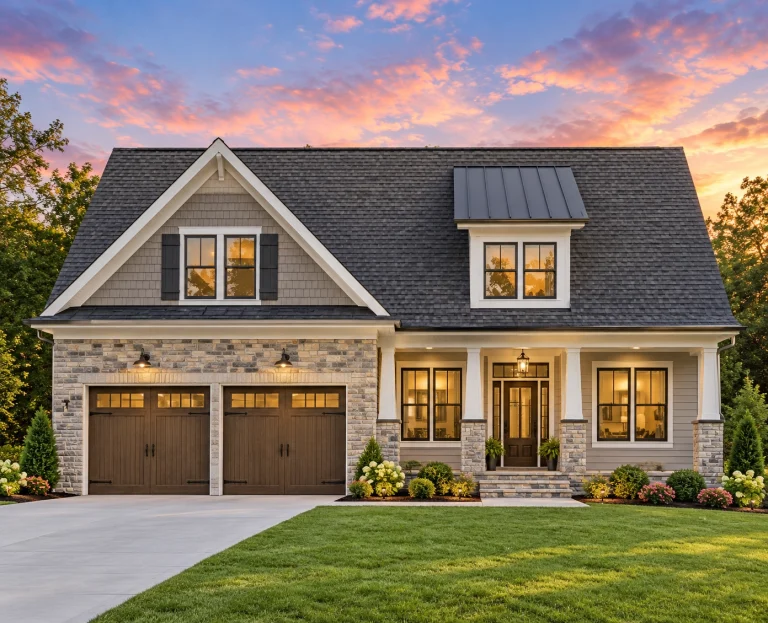 French Provincial House Plans 14 Front elevation of a Modern Farmhouse style home featuring stone, horizontal siding, board and batten accents, black windows, and a welcoming covered porch