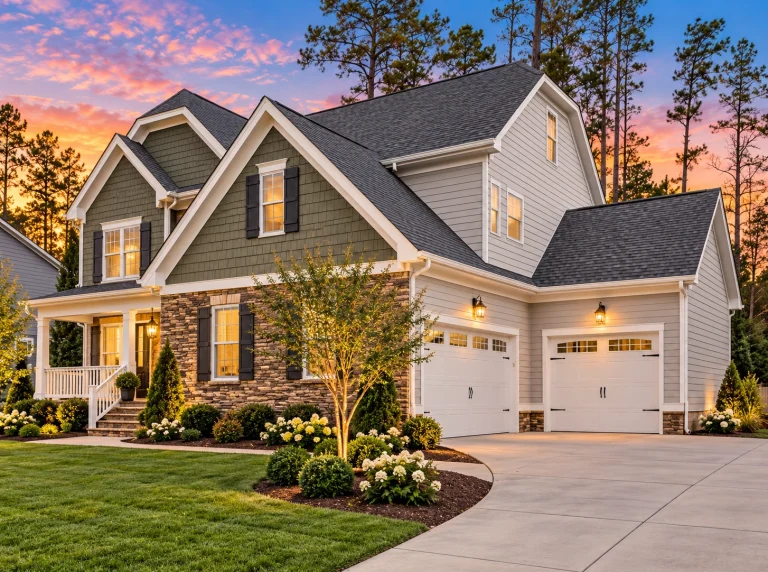 Front elevation of New American Traditional style home with stone veneer, lap siding, shake accents, and two-car garage