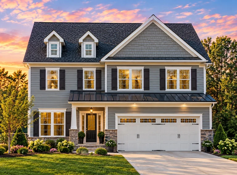 French Provincial House Plans 11 Front elevation of a Traditional Colonial home featuring brick and horizontal lap siding, black shutters, and covered front porch entry with symmetrical design