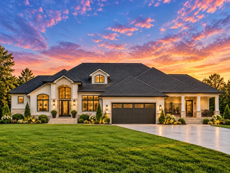 Front elevation of a Traditional Ranch home with stone veneer entry, horizontal siding, board-and-batten gable accents, and a two-car front-load garage