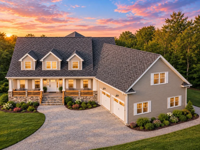 Front exterior view of a New American Traditional house with Craftsman influence, lap siding, stone accents, gabled rooflines, and side-entry garage