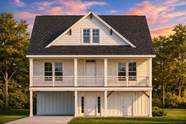 Front elevation of a Traditional Colonial home featuring horizontal siding, shingle gable detailing, symmetrical windows, and a covered entry