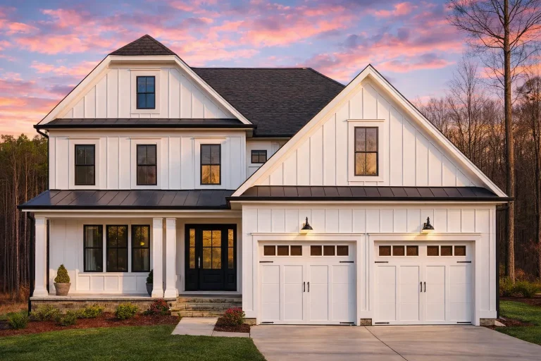 Front exterior of a New American style home with horizontal siding, board and batten accents, symmetrical façade, and double garage