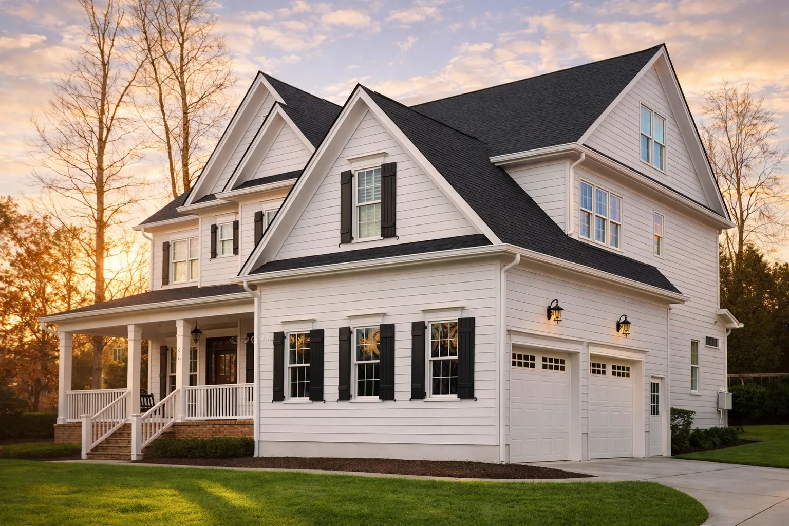 Front elevation of a Shingle Style Coastal Traditional home with gray cedar shingles, yellow shutters, gabled rooflines, and a welcoming covered front porch