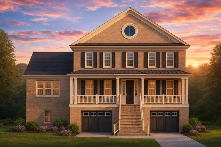 Front elevation of Traditional Colonial house with lap siding, brick foundation, double front porch, and symmetrical facade
