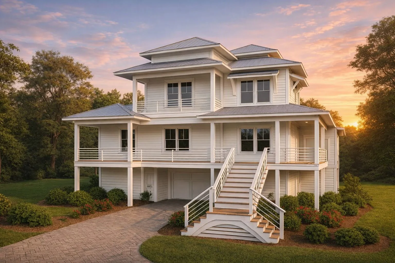 Front elevation of Coastal Low Country beach style home with elevated foundation, wraparound porches, and horizontal lap siding exterior