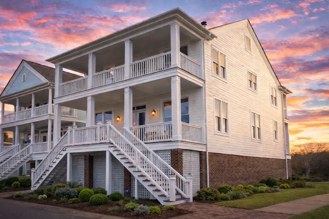 Front elevation of a Charleston Colonial style home featuring double stacked porches, horizontal siding, and brick foundation