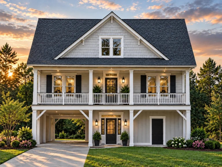 Front elevation of a Traditional Colonial home featuring horizontal siding, shingle gable detailing, symmetrical windows, and a covered entry
