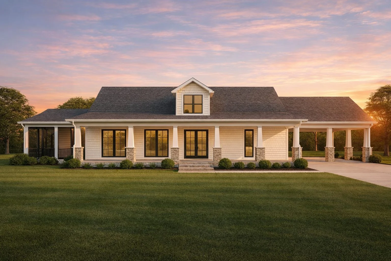Front view of Southern Farmhouse style home featuring stone veneer, horizontal siding, gabled roof, and full-width covered porch