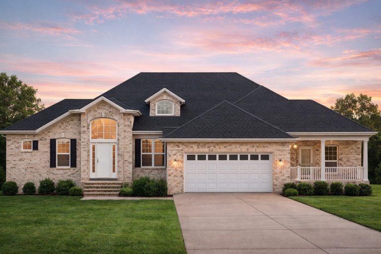 Front elevation of a Traditional Ranch home with stone veneer entry, horizontal siding, board-and-batten gable accents, and a two-car front-load garage