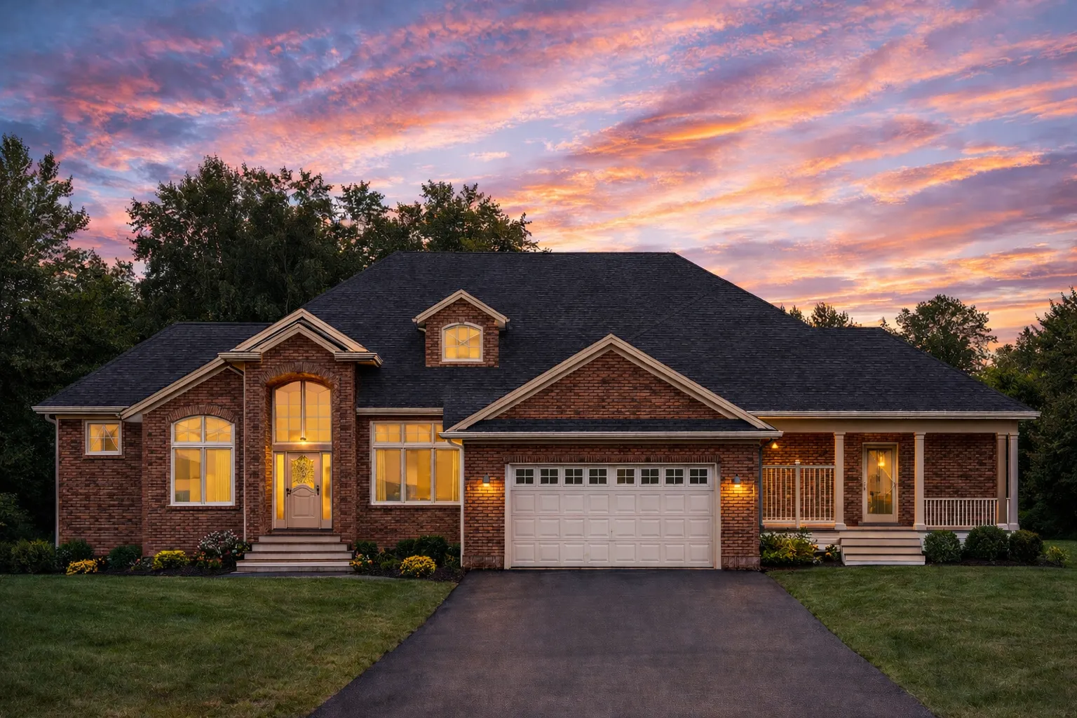 Front elevation of a Traditional Ranch home with stone veneer entry, horizontal siding, board-and-batten gable accents, and a two-car front-load garage