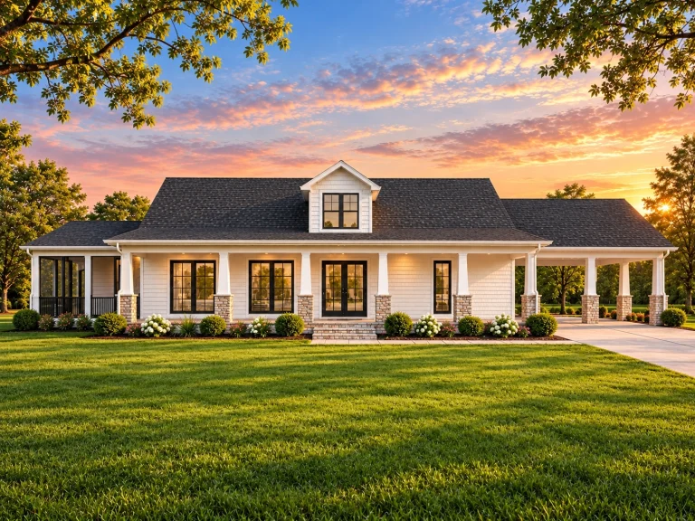 Front view of Southern Farmhouse style home featuring stone veneer, horizontal siding, gabled roof, and full-width covered porch