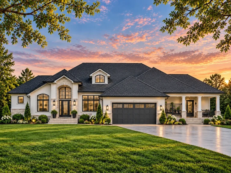 Top Designer-Approved House Plans 19 Front elevation of a Traditional Ranch home with stone veneer entry, horizontal siding, board-and-batten gable accents, and a two-car front-load garage