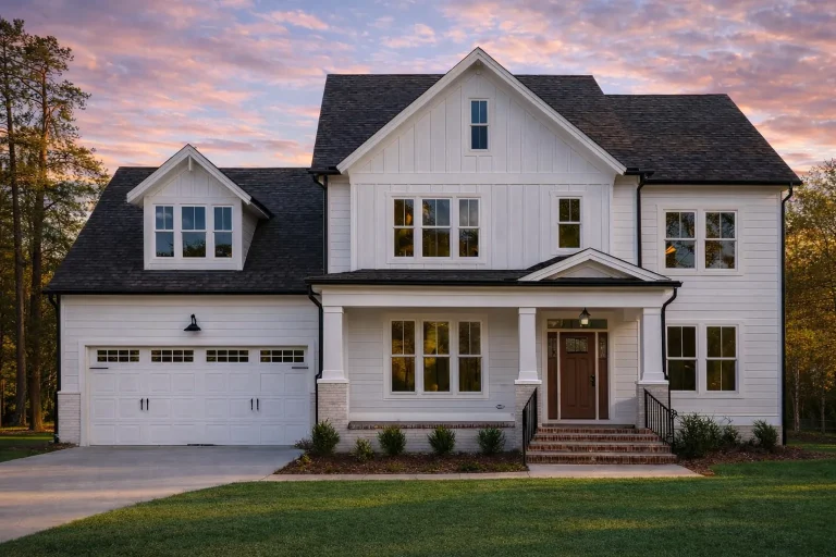 Front elevation of a New American Modern Traditional house featuring board and batten siding, horizontal lap siding, covered front porch, and classic gabled rooflines