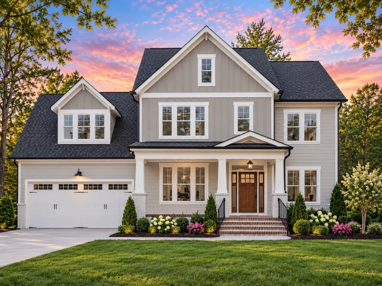 Front elevation of a New American Modern Traditional house featuring board and batten siding, horizontal lap siding, covered front porch, and classic gabled rooflines
