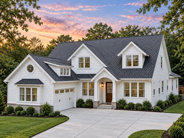 Modern Suburban House Plans 13 Front exterior view of a Modern Farmhouse New American style home featuring white board and batten siding, gabled rooflines, and an elegant covered entry