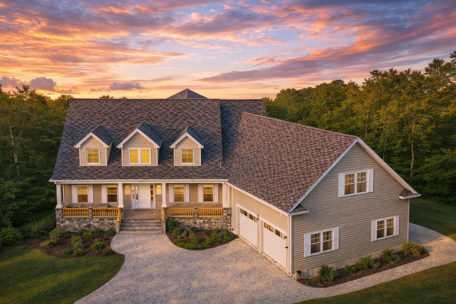 Front exterior view of a New American Traditional house with Craftsman influence, lap siding, stone accents, gabled rooflines, and side-entry garage