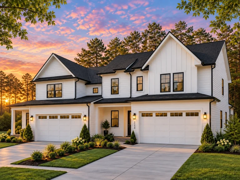 House Plans with Terrace 8 Front elevation of a modern farmhouse style home with white board-and-batten siding, black windows, twin garages, and a covered porch