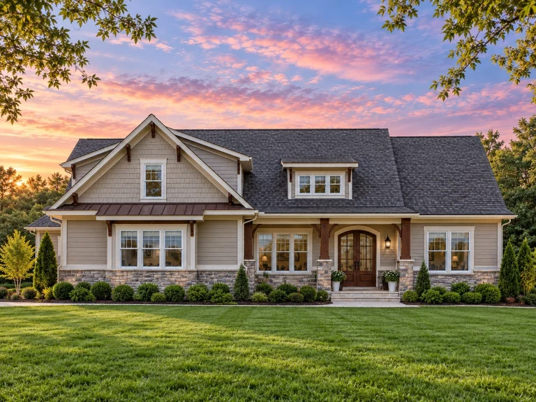 House Plans Online 8 Front elevation of a Cape Cod style home with Craftsman influences, horizontal siding, shingle accents, stone base, and a welcoming covered porch