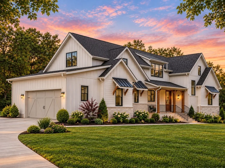 Transitional Ranch House Plans 4 Front exterior of a Modern Farmhouse style home with white board and batten siding, black windows, covered porch, and attached garage at sunset