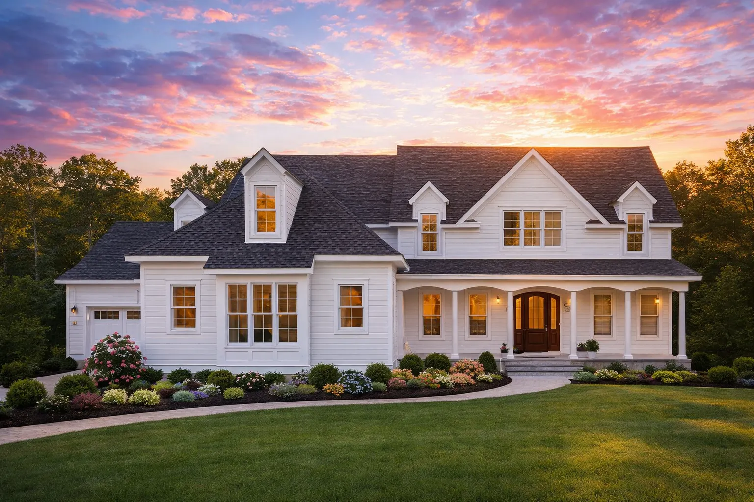 Front elevation of a New American modern traditional two-story home with white horizontal lap siding, stone-accent covered porch, multiple gables, and a centered entry.