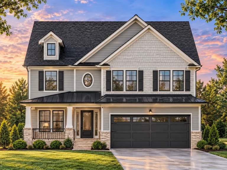 Front elevation of a Traditional Colonial home featuring brick and horizontal lap siding, black shutters, and covered front porch entry with symmetrical design