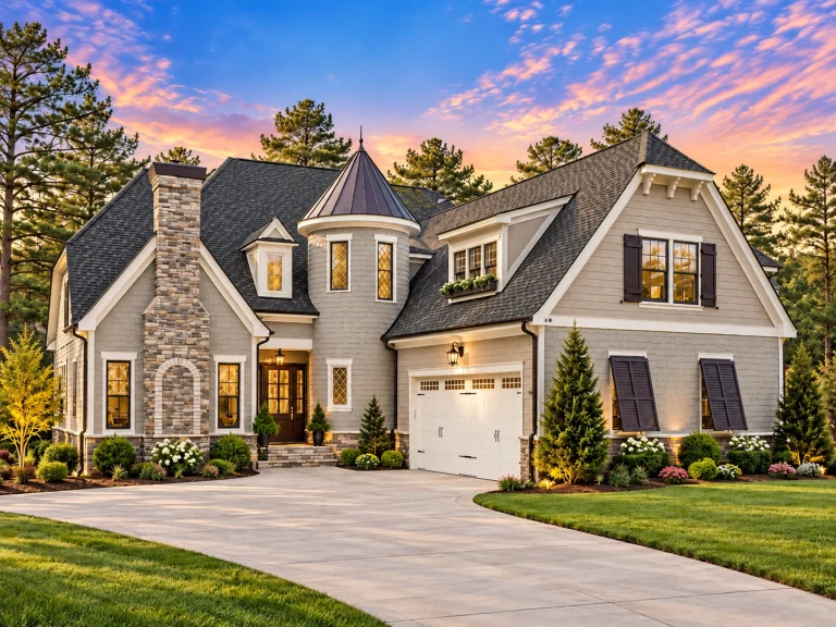 Front view of a French Country Tudor Revival home featuring stone and horizontal siding, steep rooflines, and a turreted entry for timeless European charm