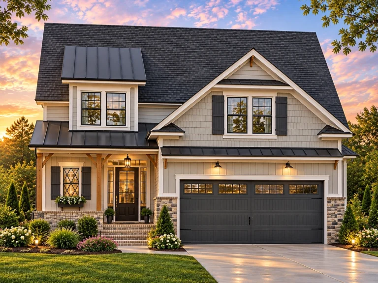 Tandem Garage Plans 19 Front elevation of a Traditional Modern Farmhouse featuring stone facade, board-and-batten siding, and two-car garage with dark doors