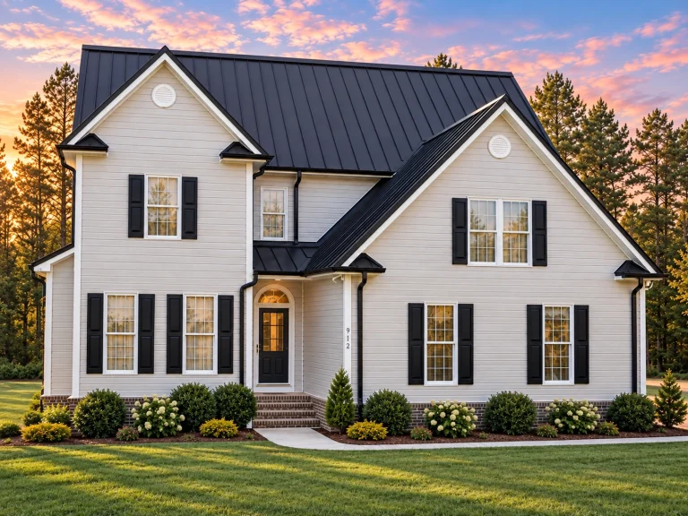 Front elevation of a Traditional Colonial home with New American design influence featuring a mix of horizontal siding and shingle accents, symmetrical windows, and gabled rooflines.