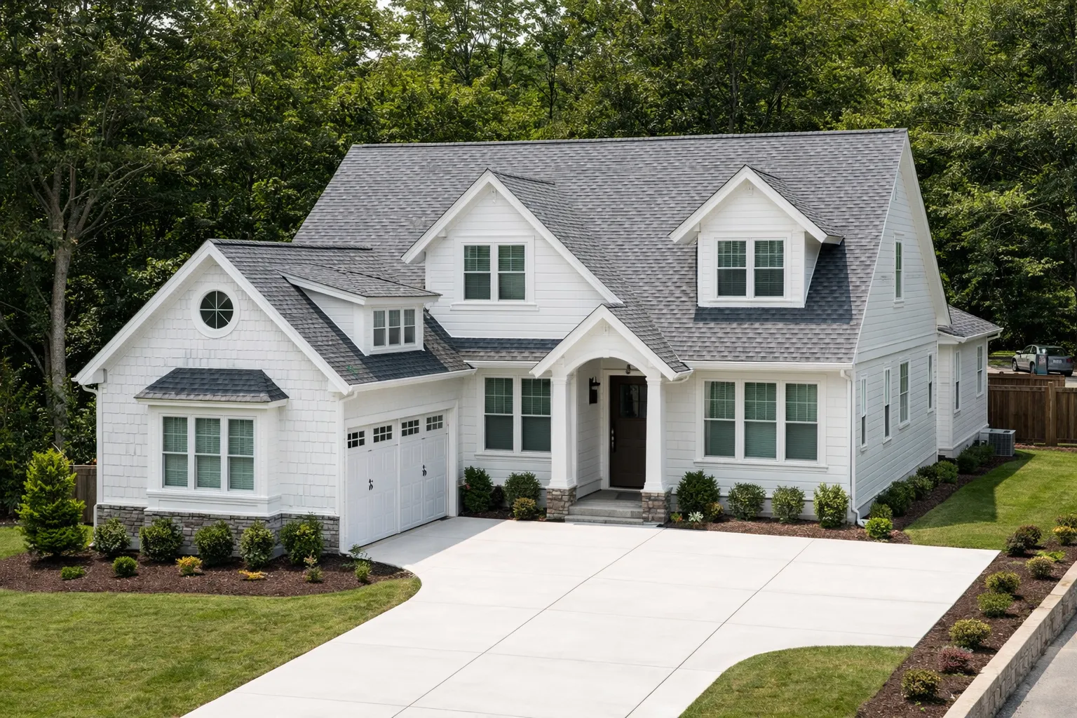 Front exterior view of a Modern Farmhouse New American style home featuring white board and batten siding, gabled rooflines, and an elegant covered entry