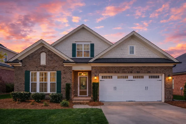 Transitional House Plans 3 Front elevation of traditional brick ranch style home with gable roof, lap siding accents, and two-car garage