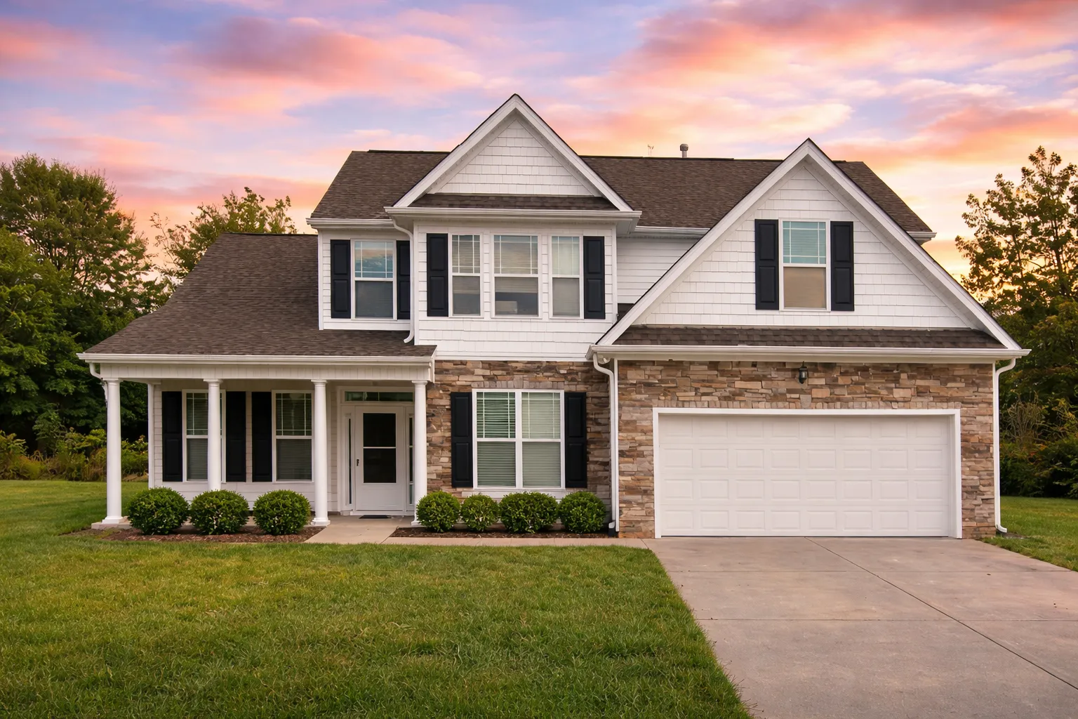Front elevation of a Traditional Colonial style home featuring brick exterior, horizontal siding, black shutters, and a two-car garage