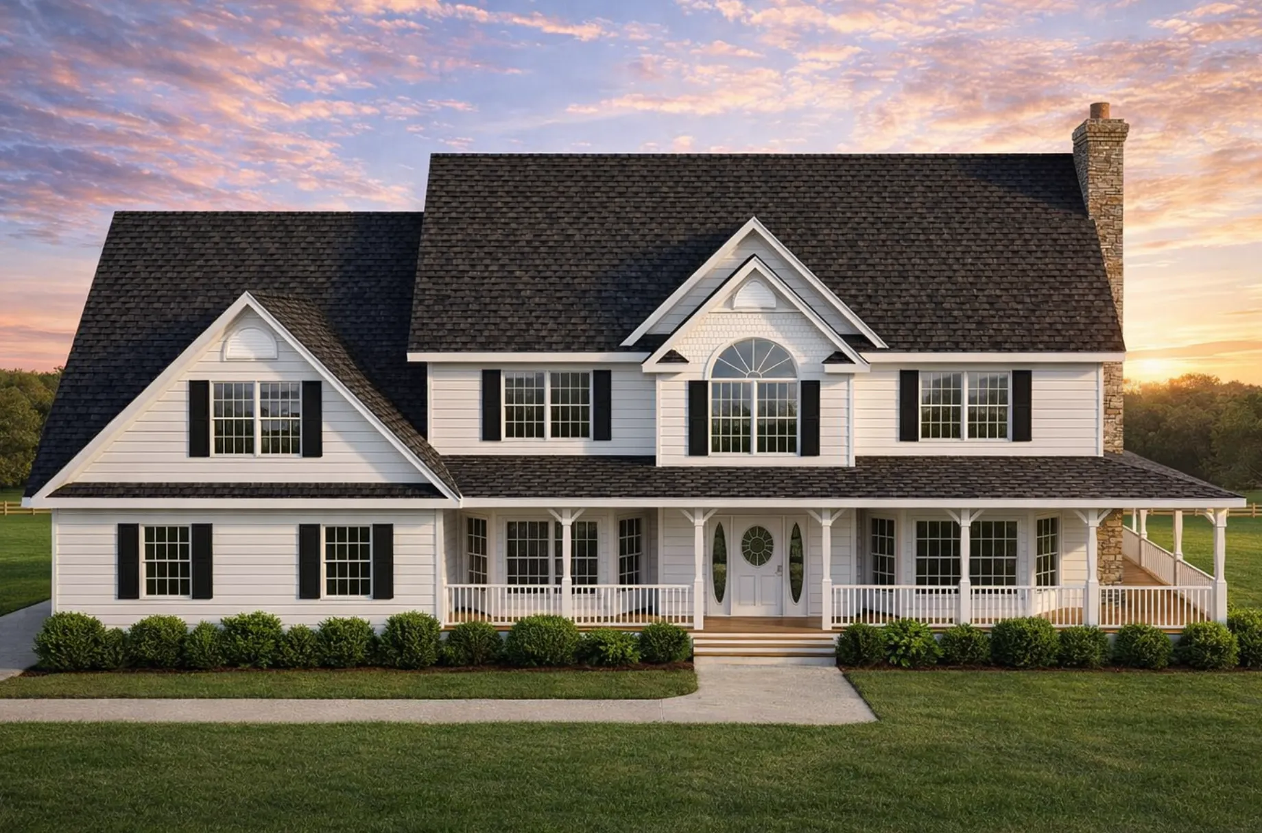 Front elevation of a Traditional Colonial style home with horizontal siding, centered entry, shutters, and a full-width covered porch