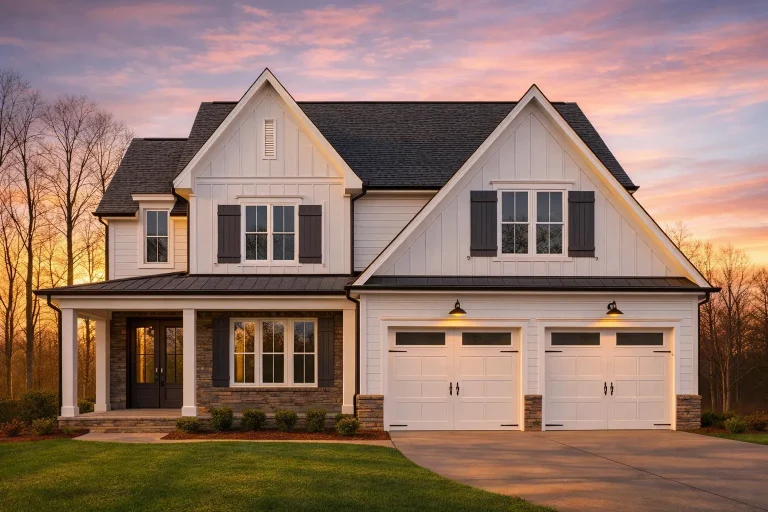 Front elevation of a Modern Farmhouse style home featuring white board and batten siding, black shutters, gabled rooflines, and a welcoming covered front porch