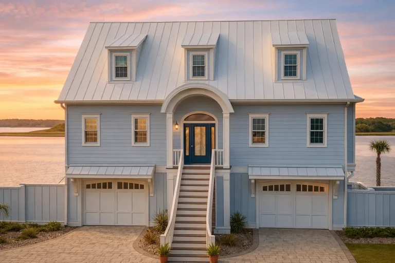 Front elevation of a Coastal Low Country style home with elevated living, lap siding, standing seam metal roof, and symmetrical waterfront design