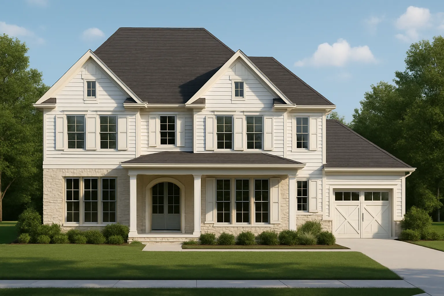 Front elevation of a Modern Farmhouse style home featuring white horizontal siding, stone accents, large windows, and a welcoming covered porch