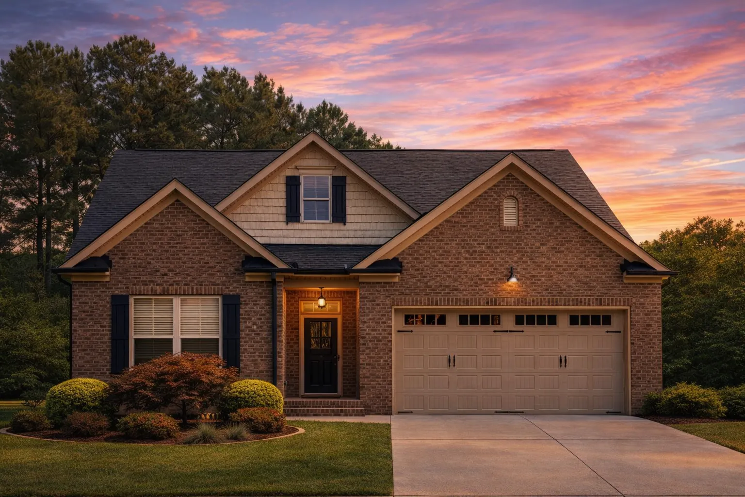 Front elevation of a traditional brick ranch style home with symmetrical gables, paneled garage doors, and landscaped suburban setting