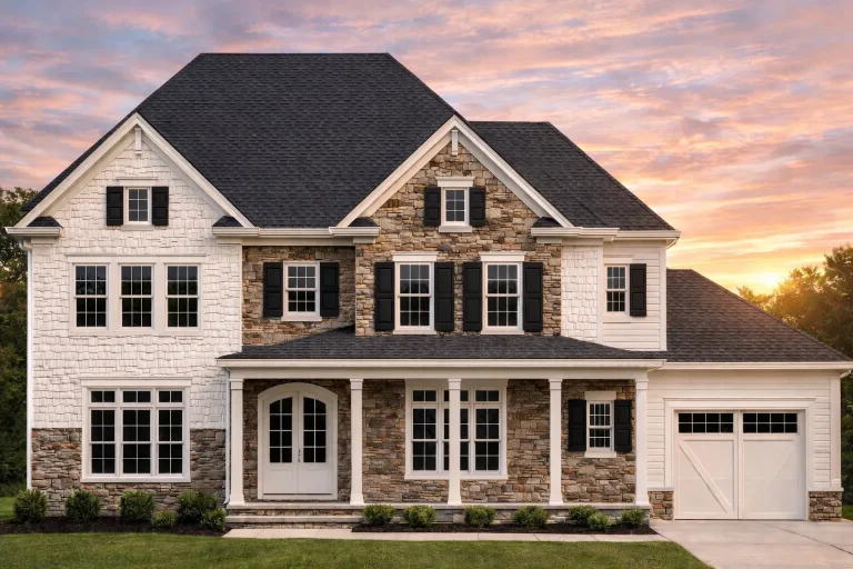 Front elevation of a Modern Farmhouse style home featuring white horizontal siding, stone accents, large windows, and a welcoming covered porch
