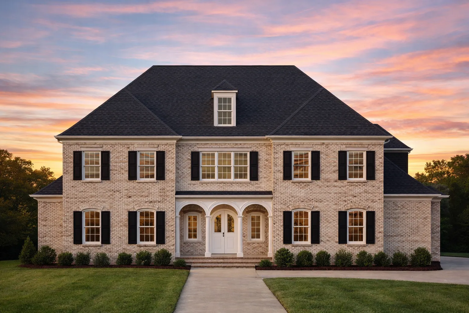 Front elevation of a Georgian Colonial style brick house with symmetrical windows, shuttered detailing, and arched front porch entry