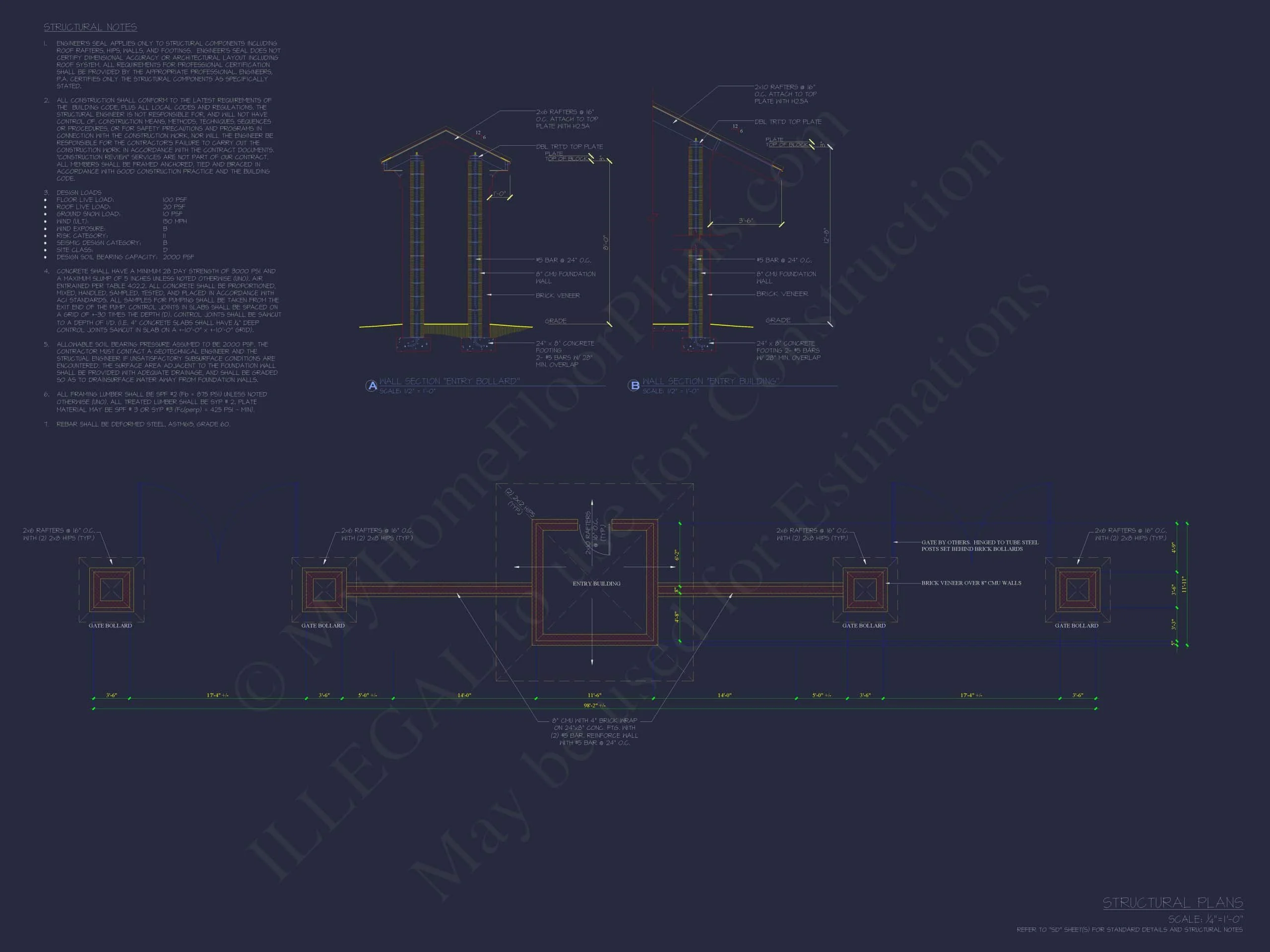 20-1974 ENTRY GATE PLAN - Custom Entry Gate Pavilion Plan - Architectural Blueprint Designs 5 Custom Entry Gate Pavilion Plan with Courtyard & Brick Detailing