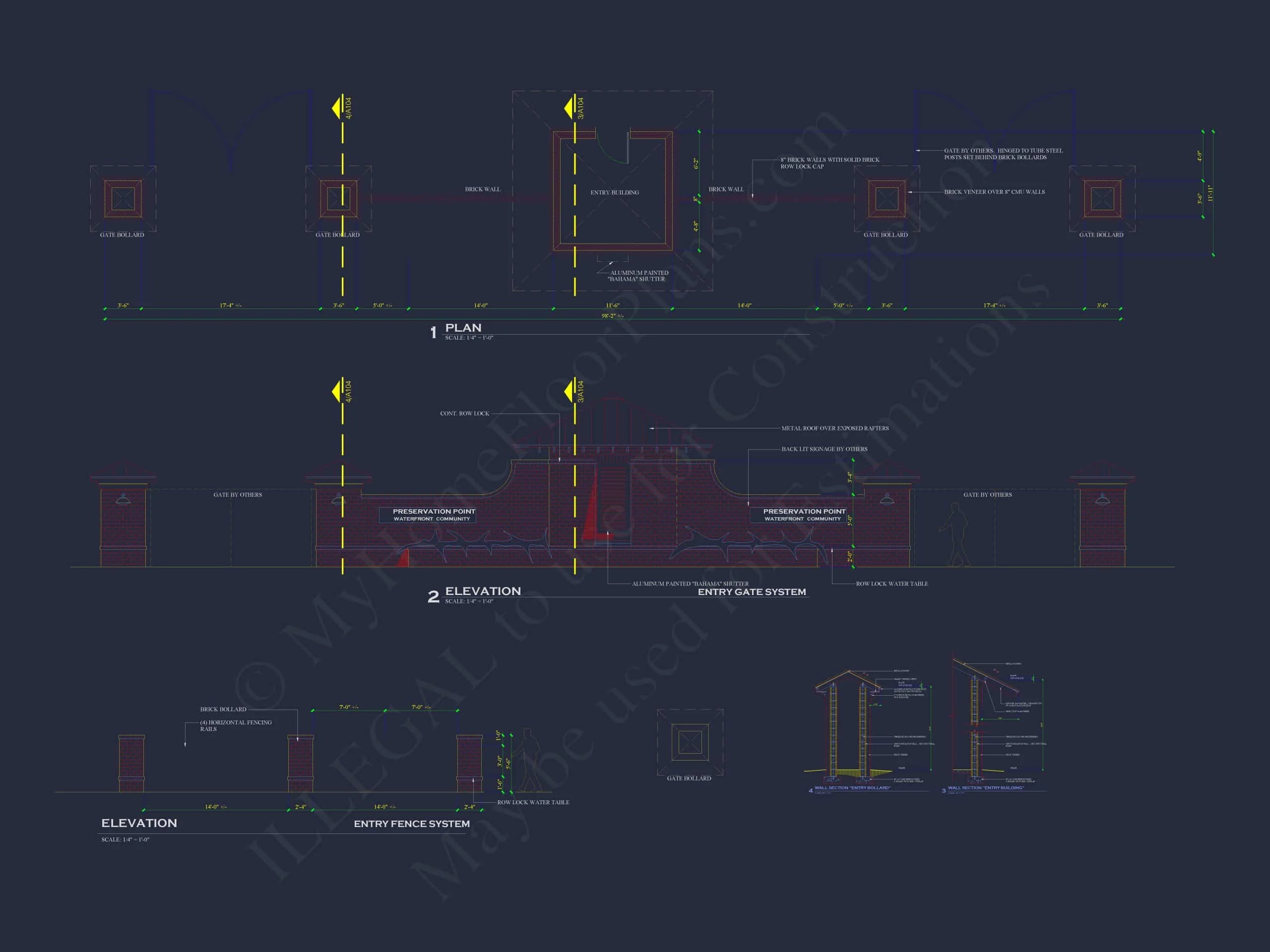 20-1974 ENTRY GATE PLAN - Custom Entry Gate Pavilion Plan - Architectural Blueprint Designs 6 Custom Entry Gate Pavilion Plan with Courtyard & Brick Detailing